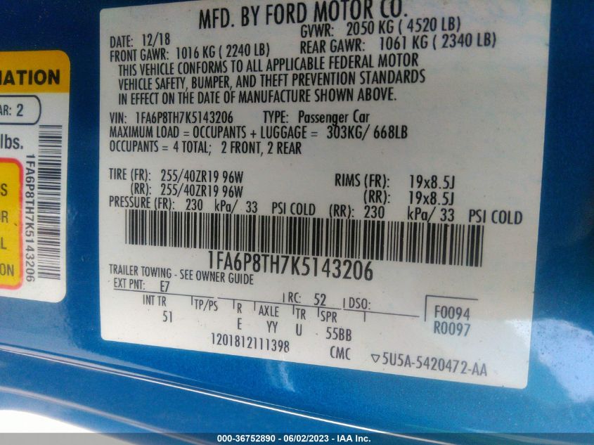 2019 FORD MUSTANG ECOBOOST - 1FA6P8TH7K5143206