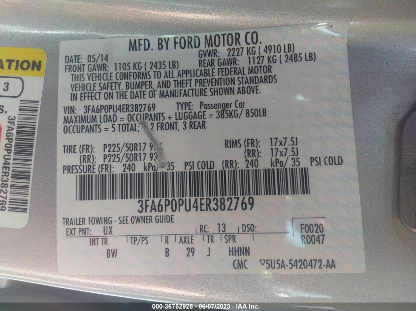 2014 FORD FUSION ENERGI SE LUXURY - 3FA6P0PU4ER382769