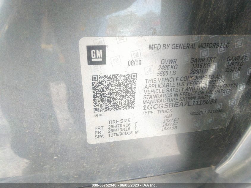 2020 CHEVROLET COLORADO 2WD WORK TRUCK - 1GCGSBEA7L1115084