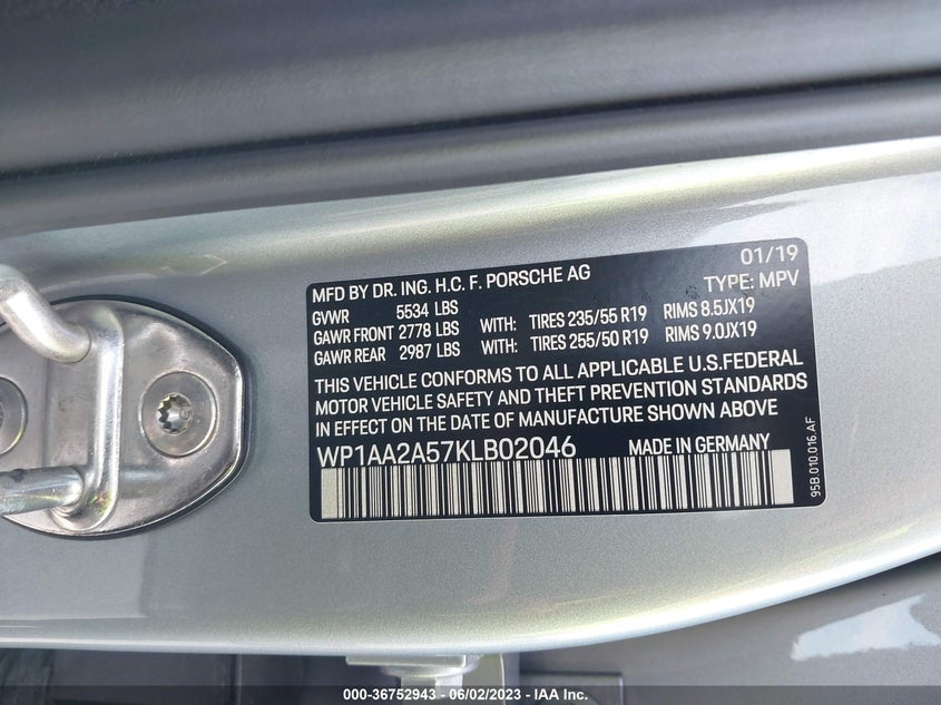 VIN WP1AA2A57KLB02046 2019 PORSCHE MACAN