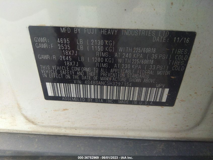 2017 SUBARU OUTBACK LIMITED - 4S4BSANC5H3297154