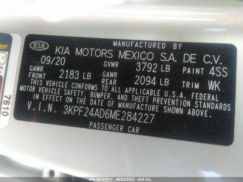 2021 KIA FORTE LXS - 3KPF24AD6ME284227