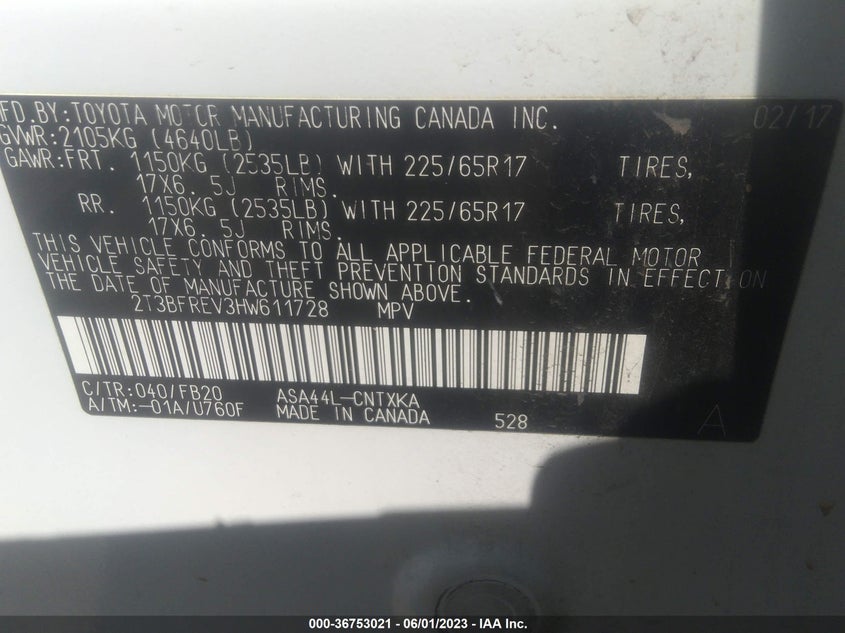 VIN 2T3BFREV3HW611728 2017 TOYOTA RAV4 LE