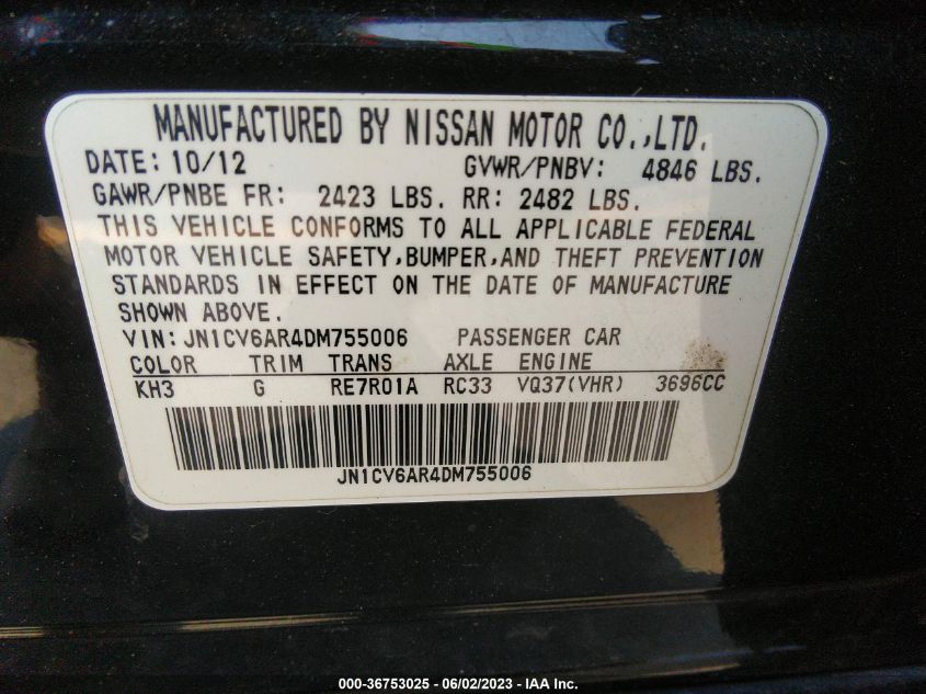 2013 INFINITI G37 SEDAN X JN1CV6AR4DM755006