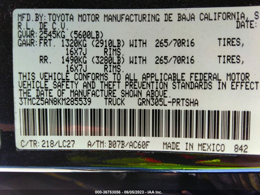 2019 TOYOTA TACOMA 4WD SR/SR5/TRD SPORT - 3TMCZ5AN8KM285539