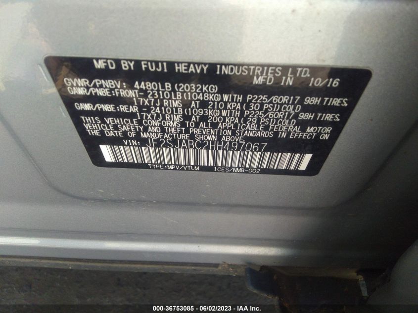 2017 SUBARU FORESTER - JF2SJABC2HH497067