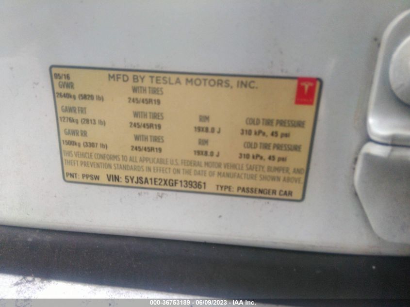 2016 TESLA MODEL S - 5YJSA1E2XGF139361