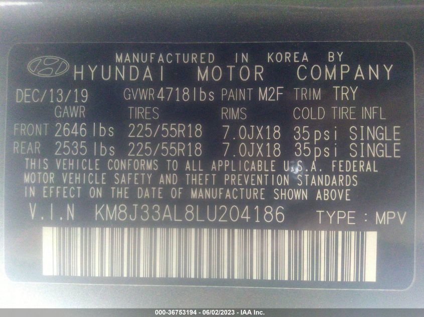 2020 HYUNDAI TUCSON SEL - KM8J33AL8LU204186