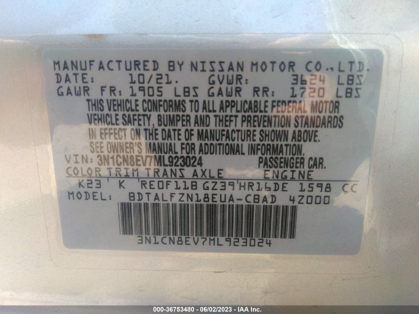2021 NISSAN VERSA SV - 3N1CN8EV7ML923024