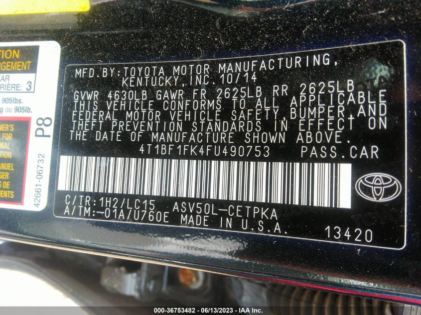 2015 TOYOTA CAMRY XLE/SE/LE/XSE - 4T1BF1FK4FU490753