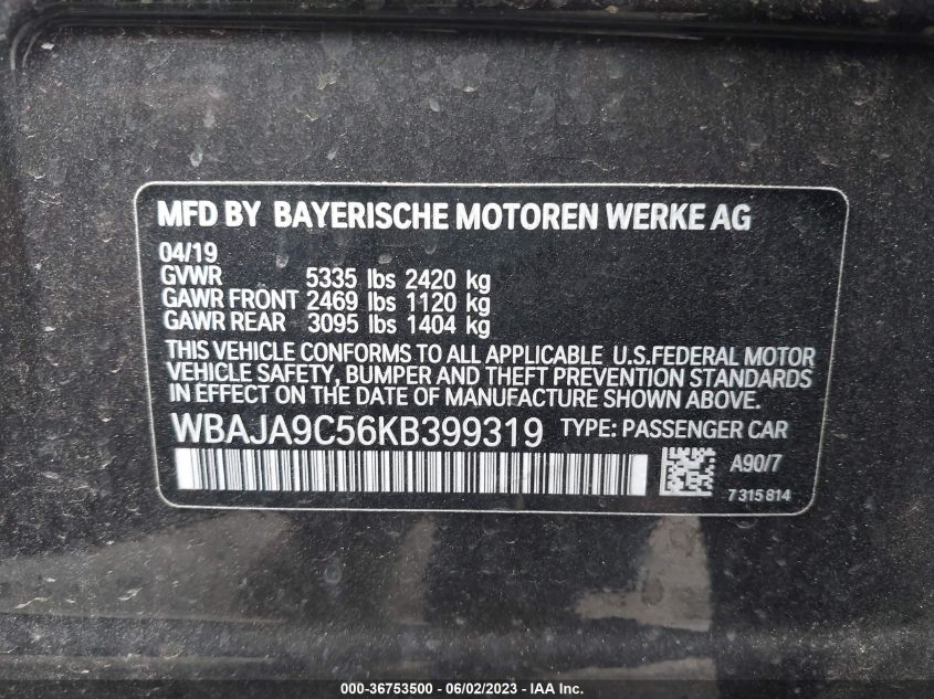 2019 BMW 5 SERIES 530E IPERFORMANCE - WBAJA9C56KB399319