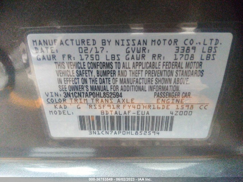 2017 NISSAN VERSA SEDAN S - 3N1CN7AP0HL852594