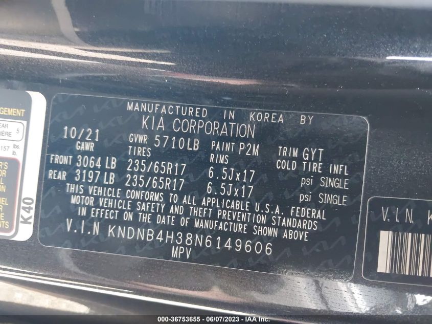2022 KIA CARNIVAL LX KNDNB4H38N6149606