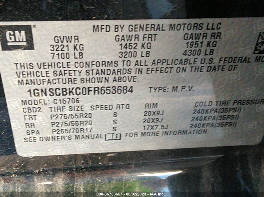 2015 CHEVROLET TAHOE LT - 1GNSCBKC0FR653684