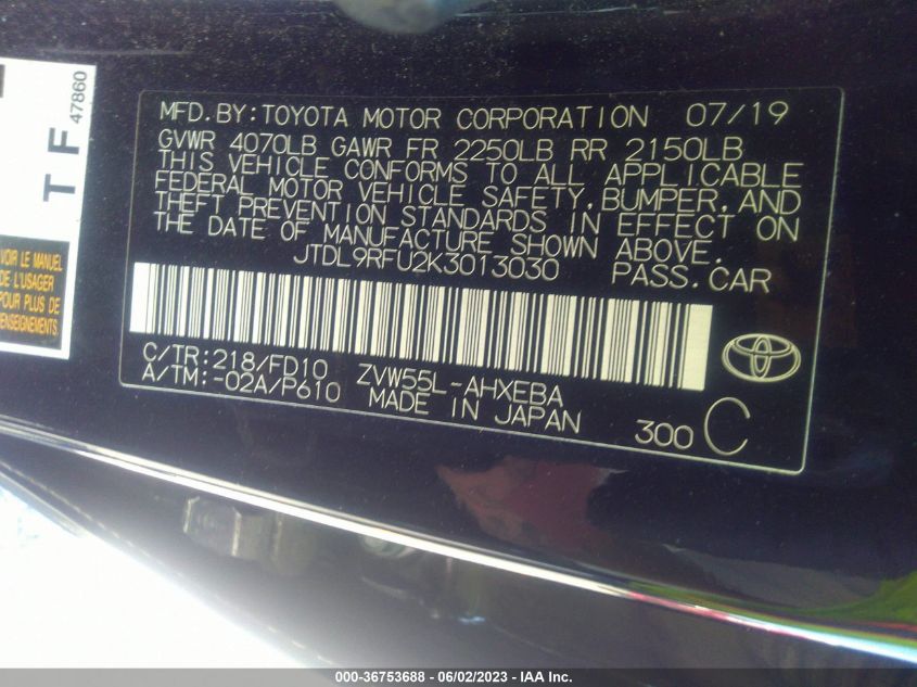 2019 TOYOTA PRIUS LE/XLE - JTDL9RFU2K3013030