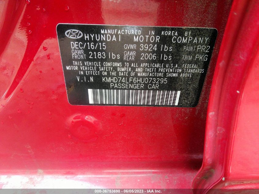 2017 HYUNDAI ELANTRA SE - KMHD74LF6HU073295