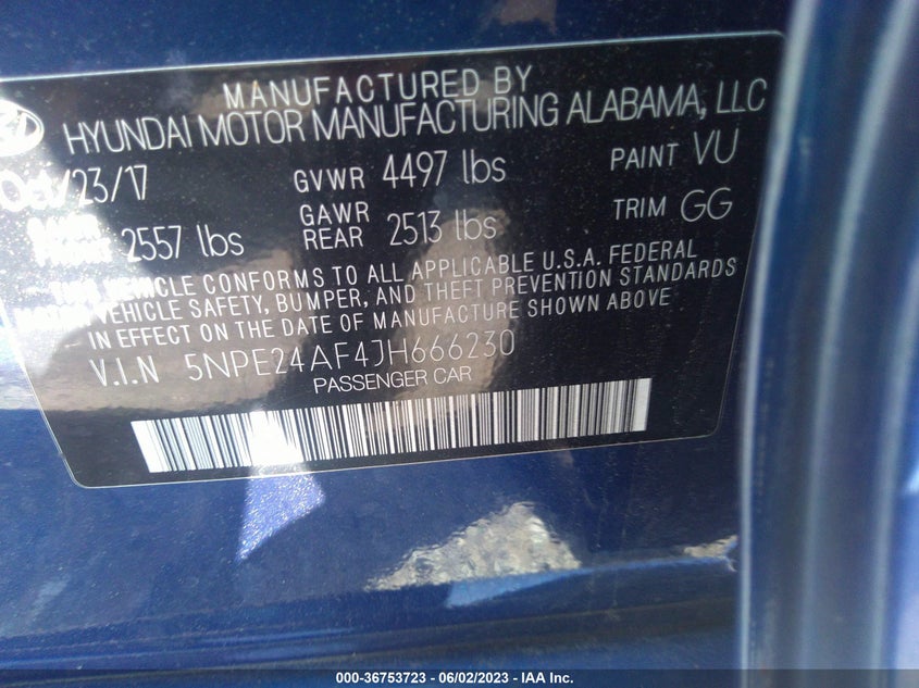VIN 5NPE24AF4JH666230 2018 HYUNDAI SONATA SE