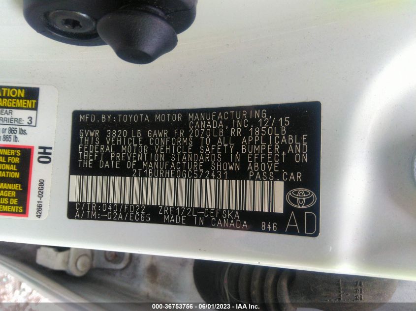 2016 TOYOTA COROLLA L/LE/S/S PLUS/LE PLUS - 2T1BURHE0GC572431