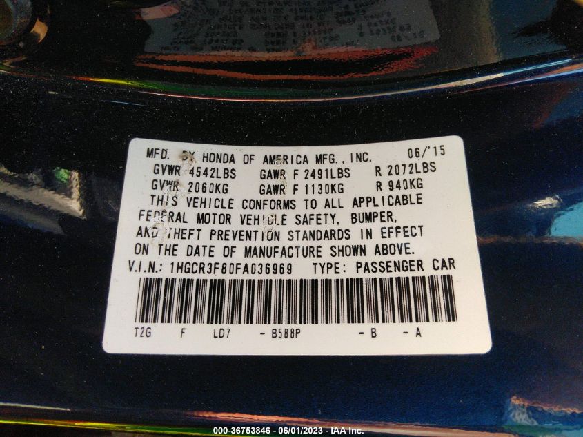 2015 HONDA ACCORD SEDAN EX-L - 1HGCR3F80FA036969