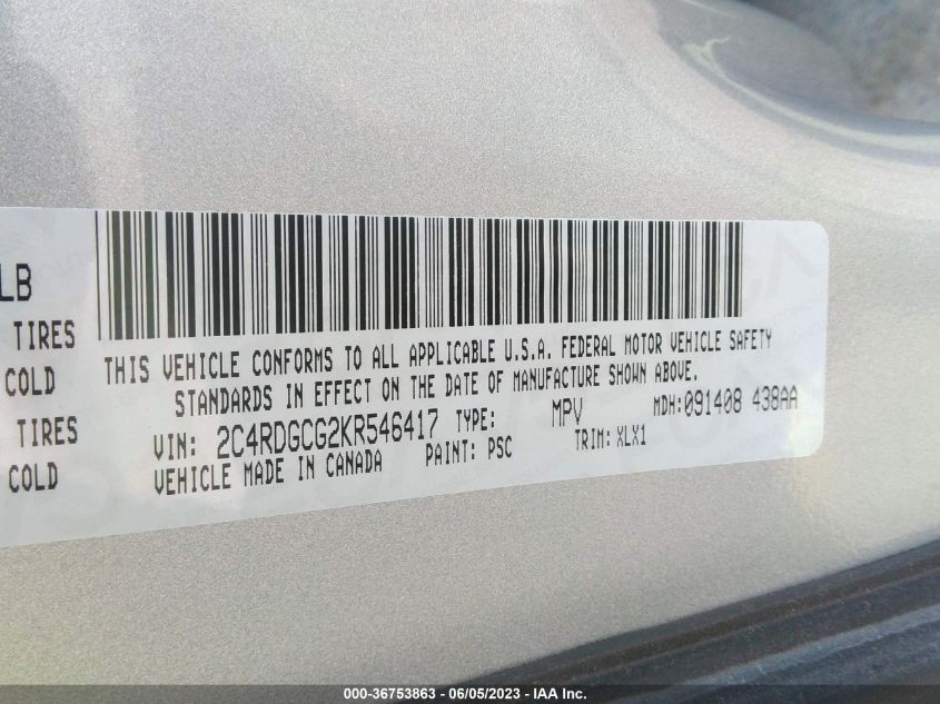 2019 DODGE GRAND CARAVAN SXT - 2C4RDGCG2KR546417