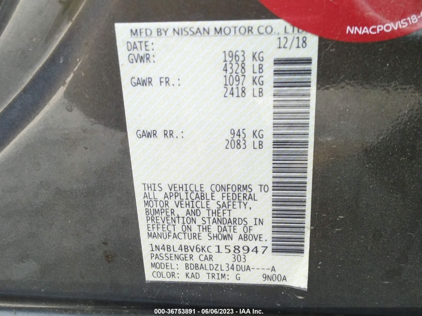 2019 NISSAN ALTIMA 2.5 S - 1N4BL4BV6KC158947