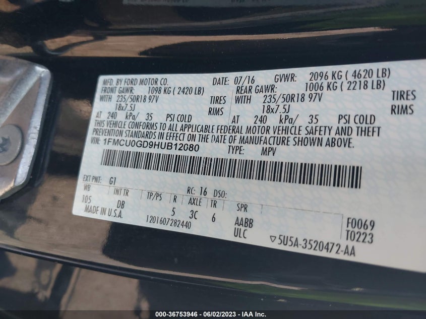 VIN 1FMCU0GD9HUB12080 2017 FORD ESCAPE SE