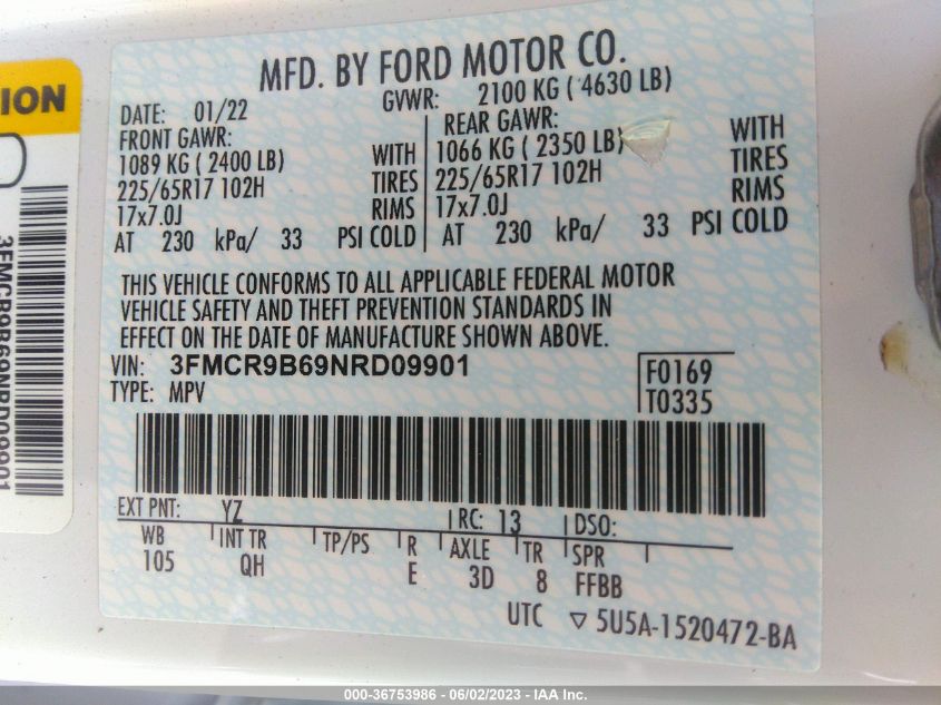 2022 FORD BRONCO SPORT BIG BEND - 3FMCR9B69NRD09901