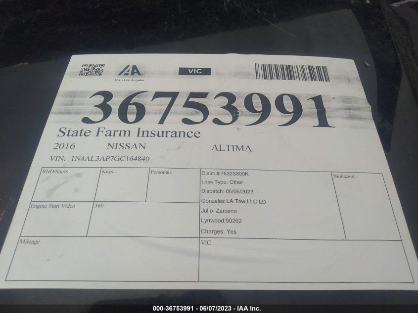 2016 NISSAN ALTIMA 2.5 S - 1N4AL3AP7GC164840