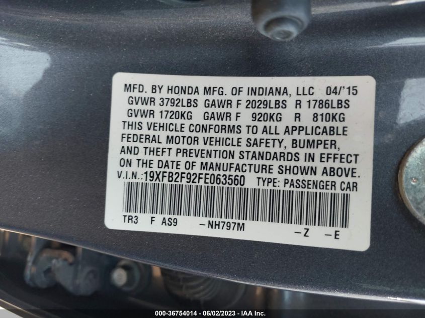 2015 HONDA CIVIC SEDAN EX-L - 19XFB2F92FE063560