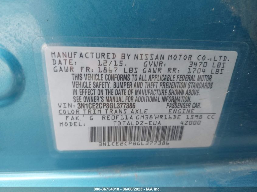 2016 NISSAN VERSA NOTE SV - 3N1CE2CP8GL377386
