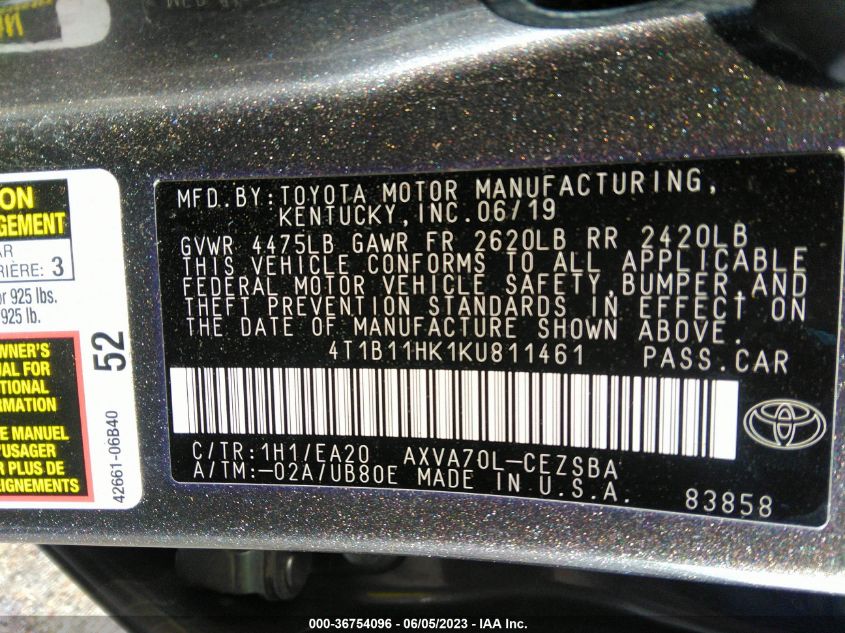 2019 TOYOTA CAMRY L/LE/XLE/SE/XSE - 4T1B11HKIKU811461