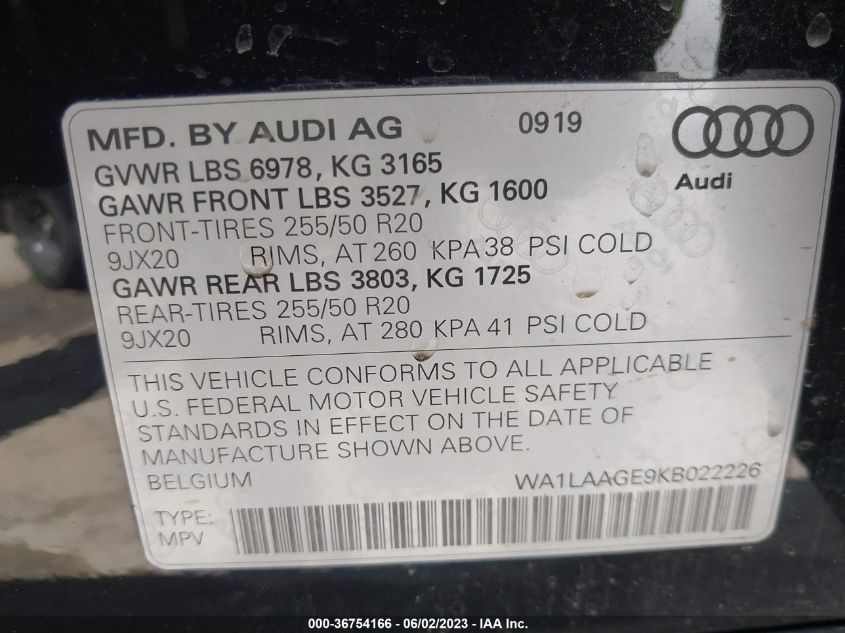 2019 AUDI E-TRON PREMIUM PLUS - WA1LAAGE9KB022226