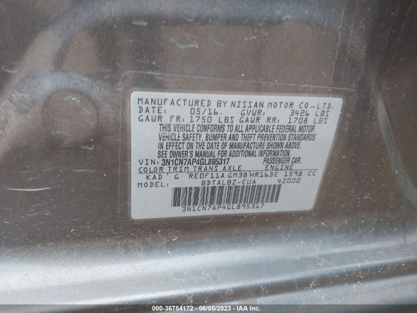 2016 NISSAN VERSA S/S PLUS/SL/SV - 3N1CN7AP4GL895317