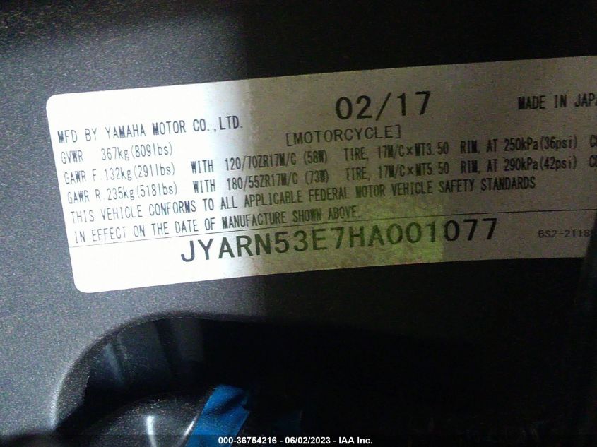 2017 YAMAHA FZ09 JYARN53E7HA001077
