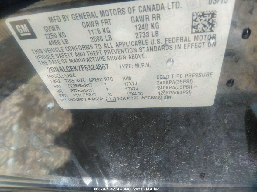 2015 CHEVROLET EQUINOX LT - 2GNALCEK7F6324867