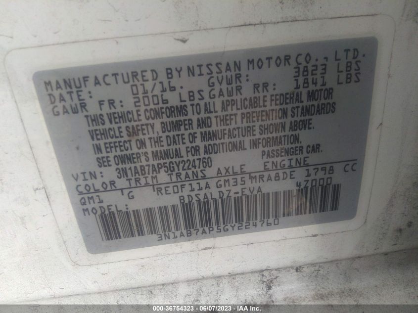 2016 NISSAN SENTRA SV - 3N1AB7AP5GY224760
