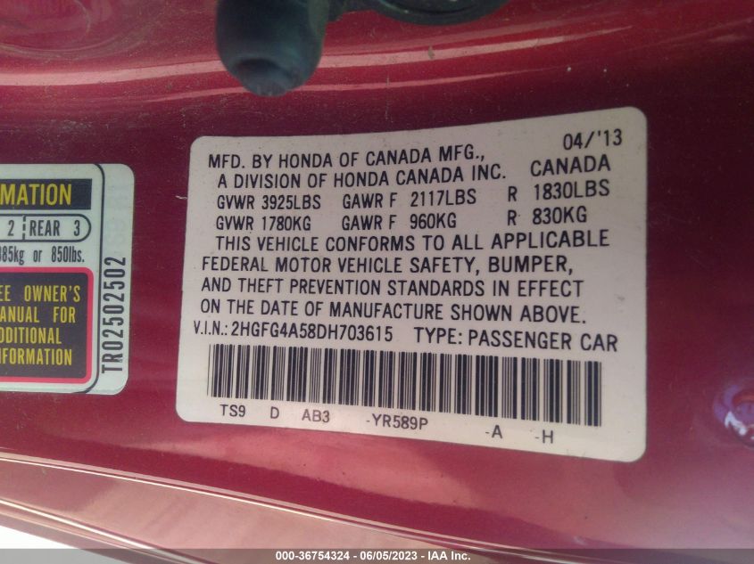 2013 HONDA CIVIC CPE SI 2HGFG4A58DH703615