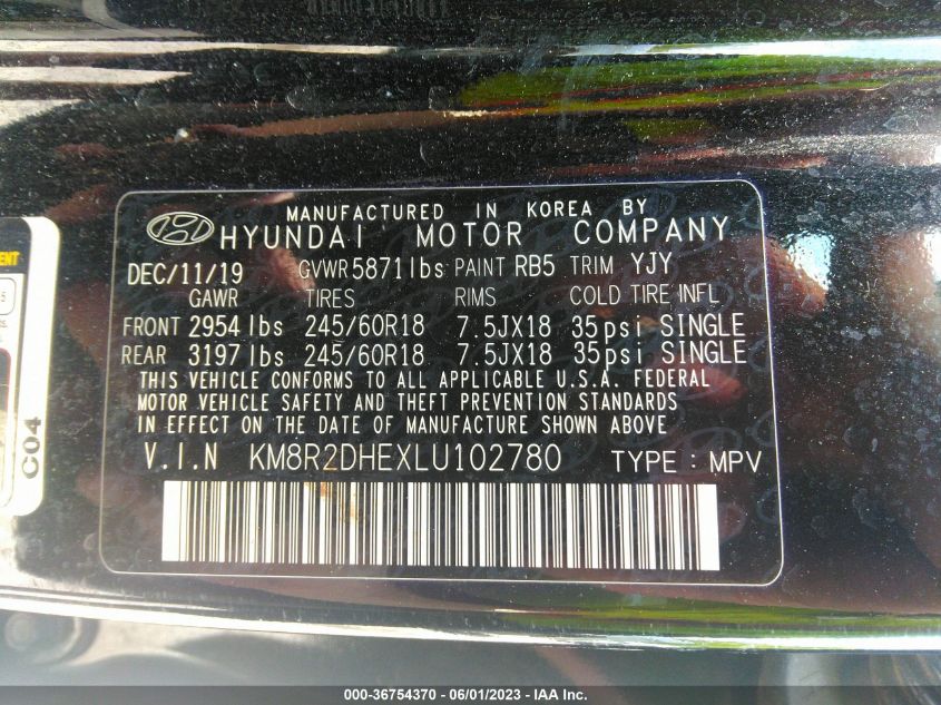 VIN KM8R2DHEXLU102780 2020 HYUNDAI PALISADE no.9