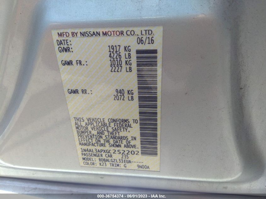 2016 NISSAN ALTIMA 2.5 - 1N4AL3APXGC252202