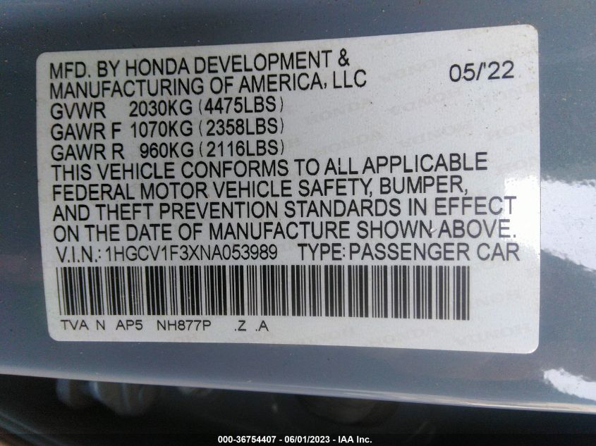 2022 HONDA ACCORD SEDAN SPORT - 1HGCV1F3XNA053989