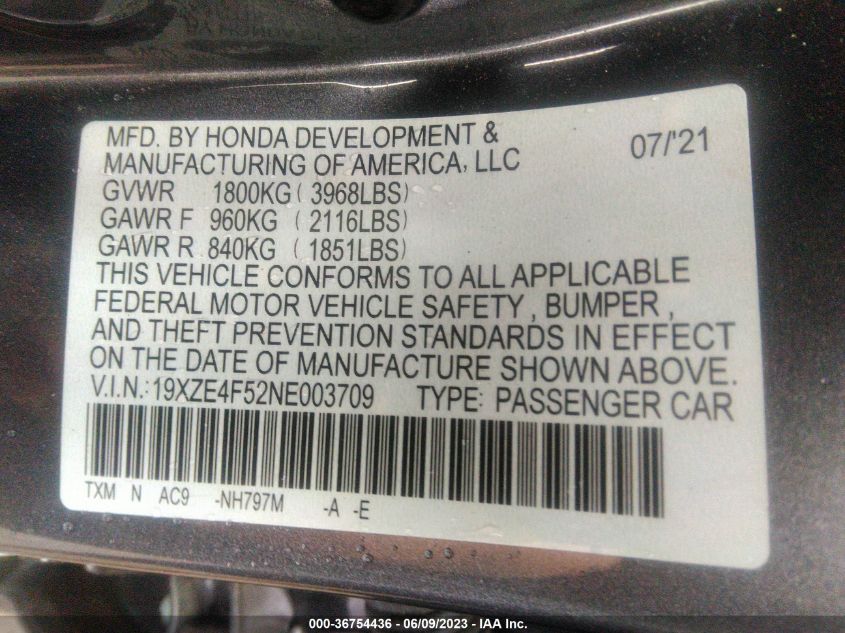 2022 HONDA INSIGHT EX 19XZE4F52NE003709