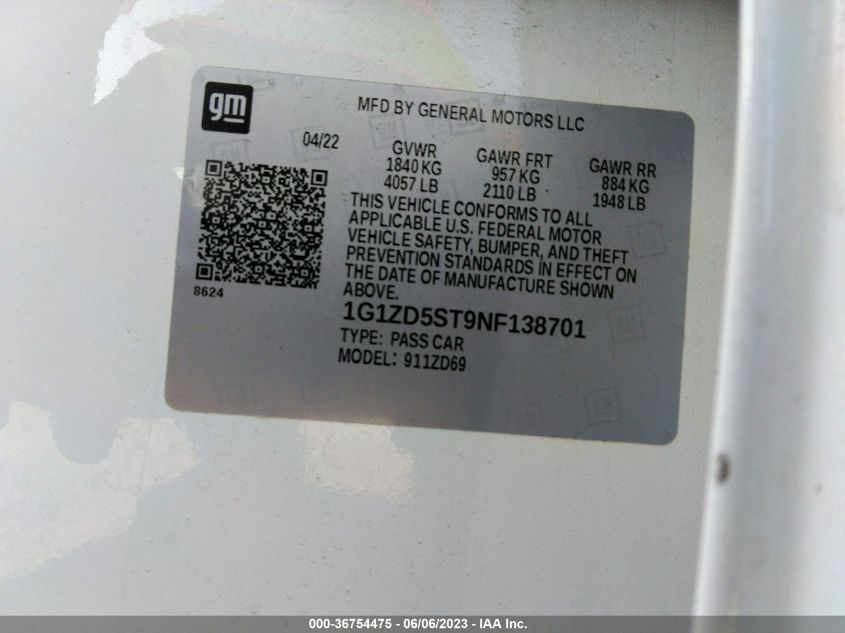 2022 CHEVROLET MALIBU LT - 1G1ZD5ST9NF138701
