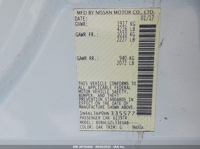 2017 NISSAN ALTIMA 2.5 S - 1N4AL3AP0HN335577