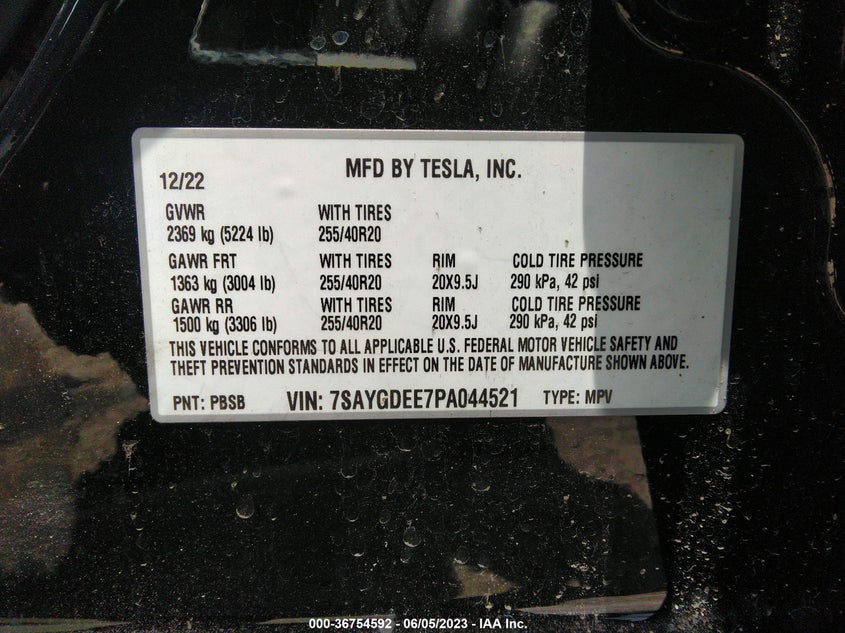 VIN 7SAYGDEE7PA044521 2023 TESLA MODEL Y LONG RANGE