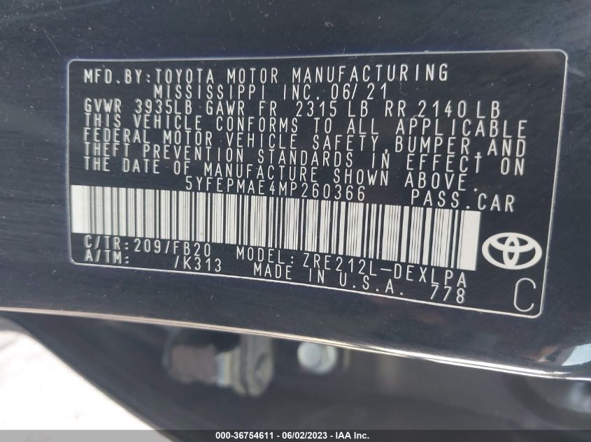 2021 TOYOTA COROLLA LE - 5YFEPMAE4MP260366