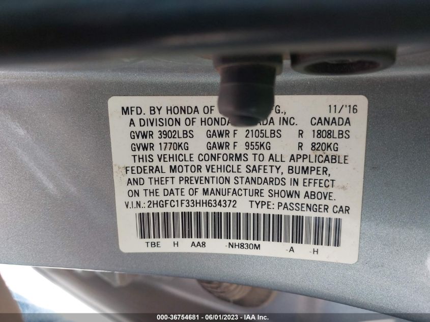 2017 HONDA CIVIC SEDAN EX-T - 2HGFC1F33HH634372
