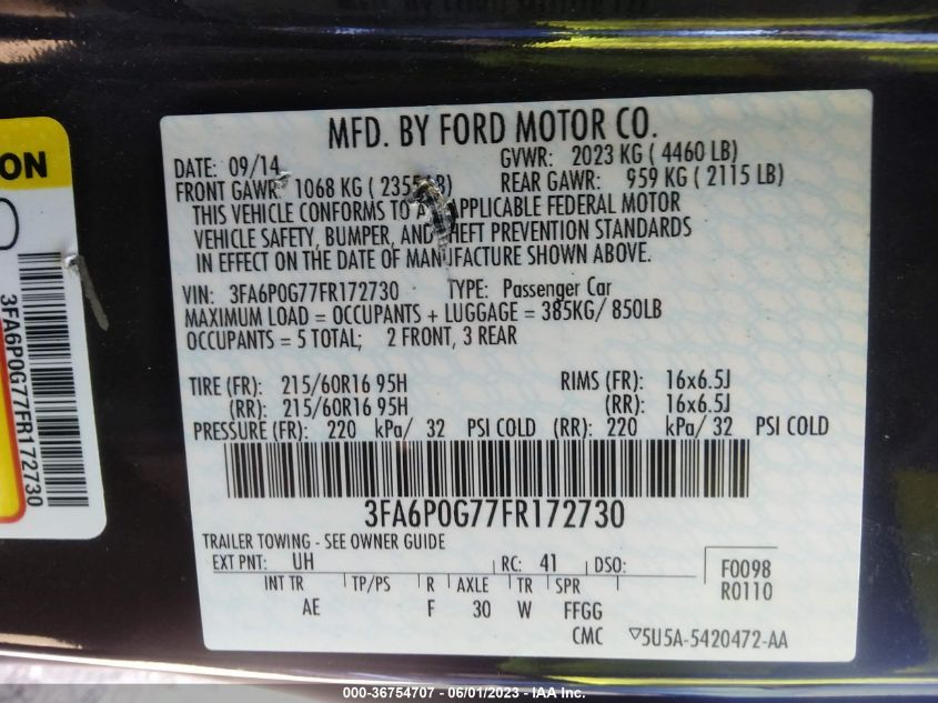 2015 FORD FUSION S - 3FA6P0G77FR172730