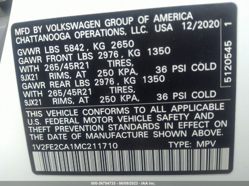2021 VOLKSWAGEN ATLAS CROSS SPORT 3.6L V6 SEL PREMIUM - 1V2FE2CA1MC211710
