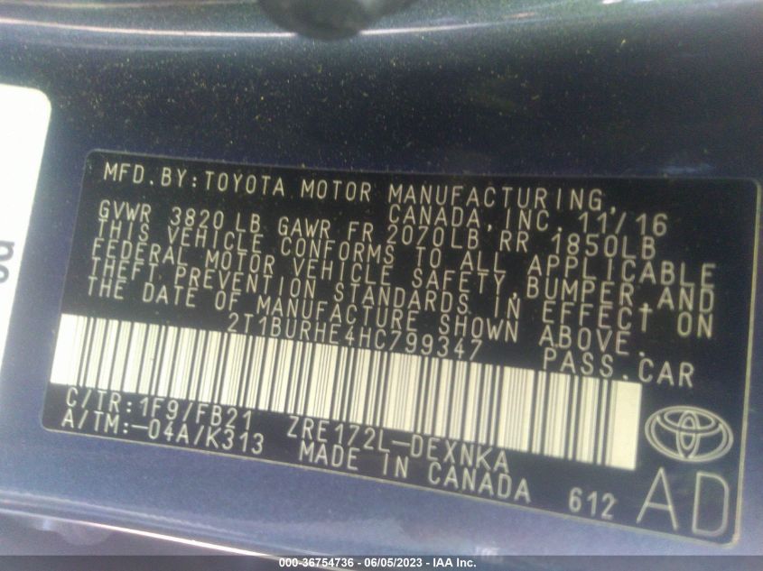 2017 TOYOTA COROLLA L/LE/XLE/SE/XSE - 2T1BURHE4HC799347