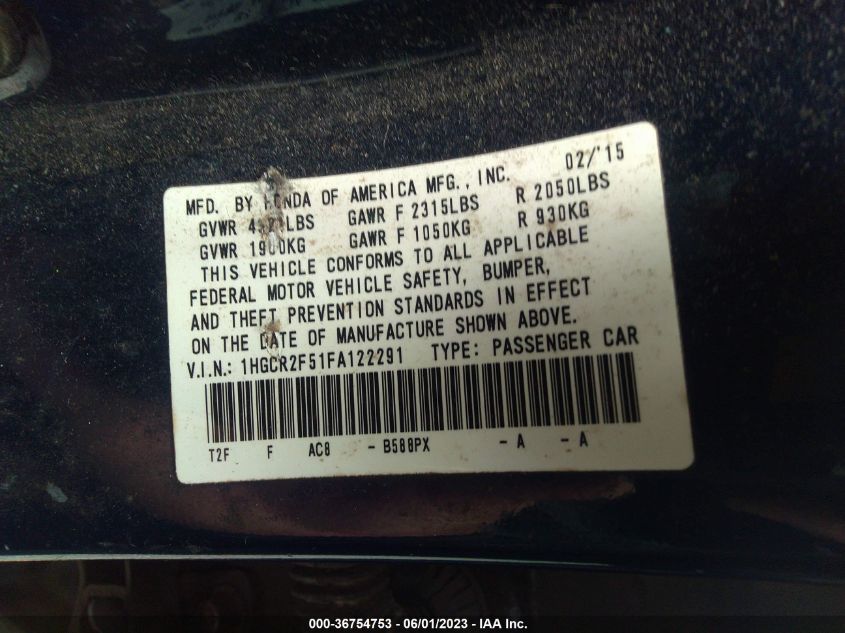 2015 HONDA ACCORD SEDAN SPORT - 1HGCR2F51FA122291